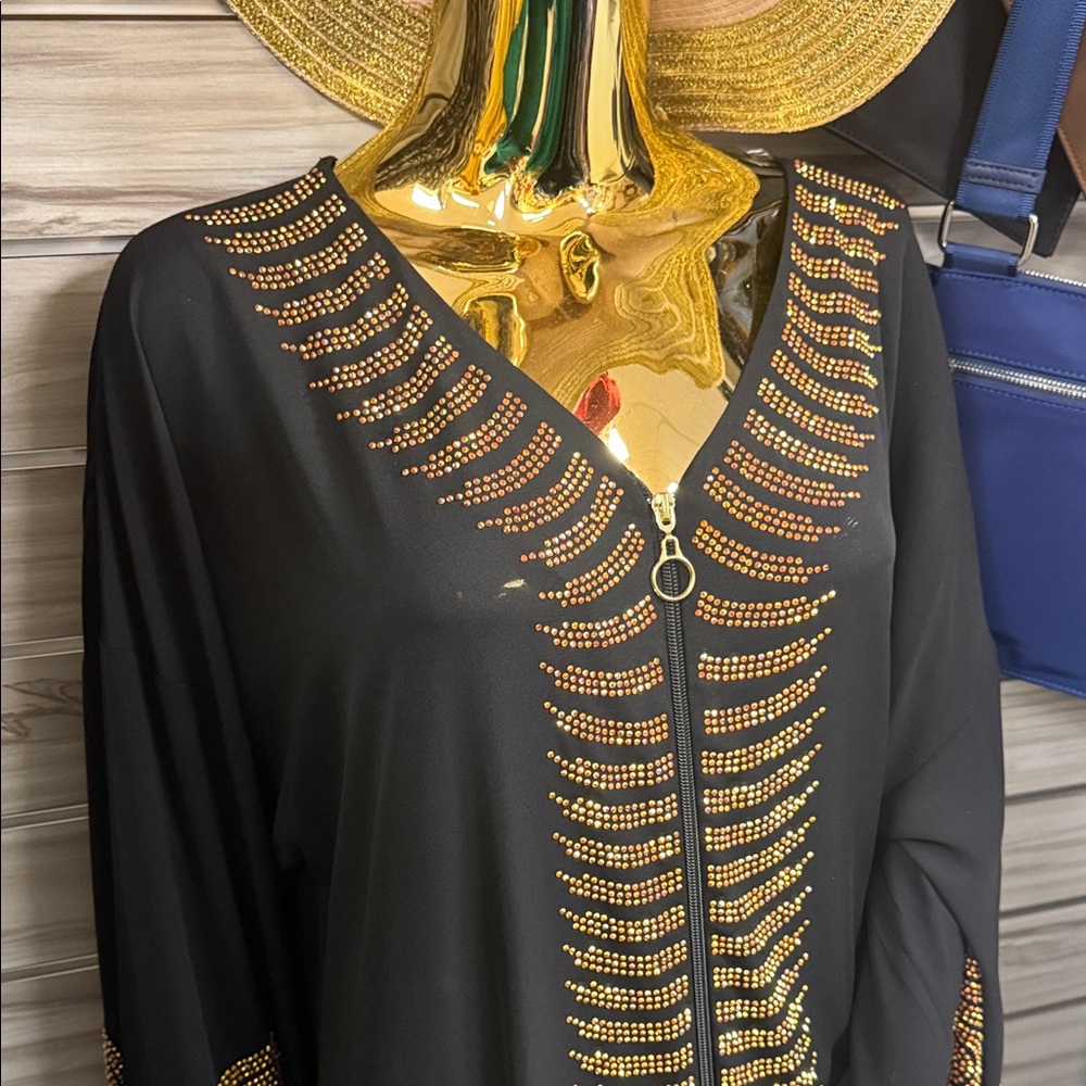 Elegant Black Long Sleeve Dress with Gold Accents